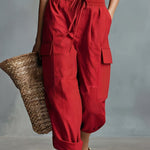 Load image into Gallery viewer, Women's Red Cargo Pants Drawstring Waist Cropped Style
