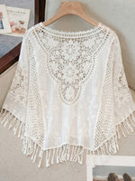 Load image into Gallery viewer, Women's Cream Poncho Shirt Crochet Lace Fringe Hem Draped Style
