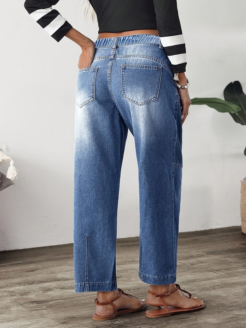 Women's Blue Relaxed Barrel Jeans High Waist Seam Detail Faded Wash