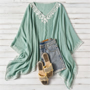 Women's Poncho Shirt V Neck Embroidered Trim Draped Batwing Style