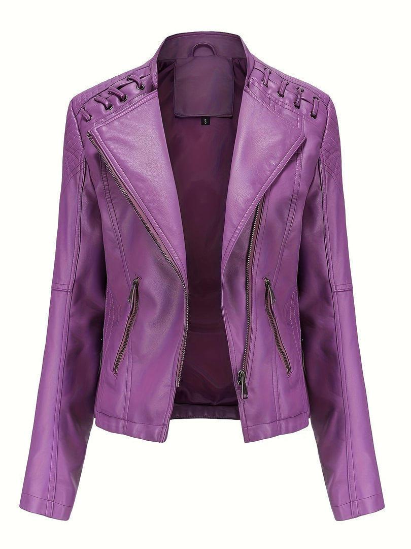 Women's Leather Moto Jacket Notch Lapel Zip Front Studded Shoulder