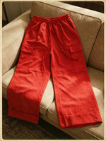 Load image into Gallery viewer, Women's Red Cargo Pants Drawstring Waist Cropped Style
