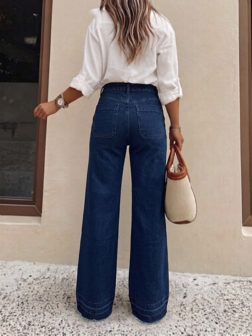 Women's Relaxed Dark Blue Wide Leg Jeans High Waist Belted Style