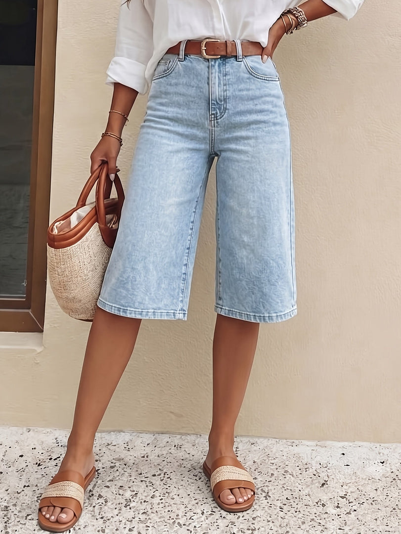 Women's Light Blue Denim Culotte Jean Shorts High Waist Wide Leg Cropped Style