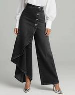 Load image into Gallery viewer, Women's Black Jeans High Waist Button Front Ruffle Wide Leg Relaxed Style
