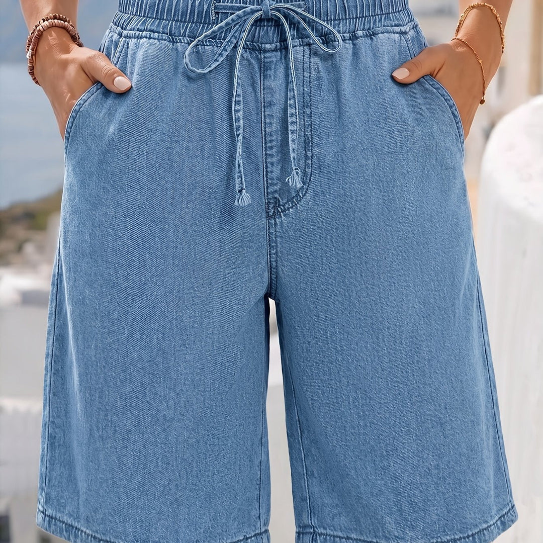Women's Light Blue Denim Bermuda Jean Shorts Elastic Drawstring Waist Wide Leg