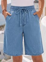 Load image into Gallery viewer, Women's Light Blue Denim Bermuda Jean Shorts Elastic Drawstring Waist Wide Leg
