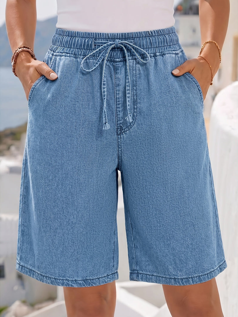 Women's Light Blue Denim Bermuda Jean Shorts Elastic Drawstring Waist Wide Leg