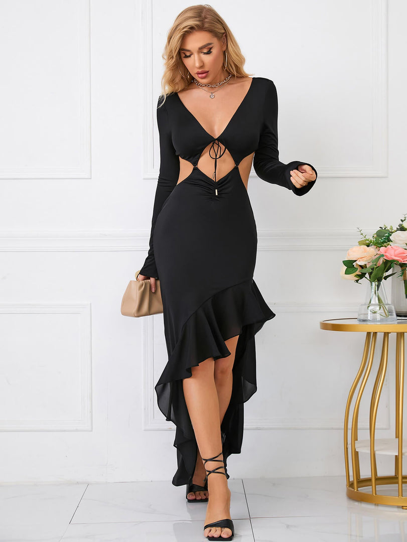 Cut Out Tie Front Asymmetrical Hem Dress | Wedding Guest Dress