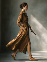 Load image into Gallery viewer, Effortless Brown Shirt Dress for Women with Collar V Neck Tie Waist Long Sleeve Linen Casual Maxi Style
