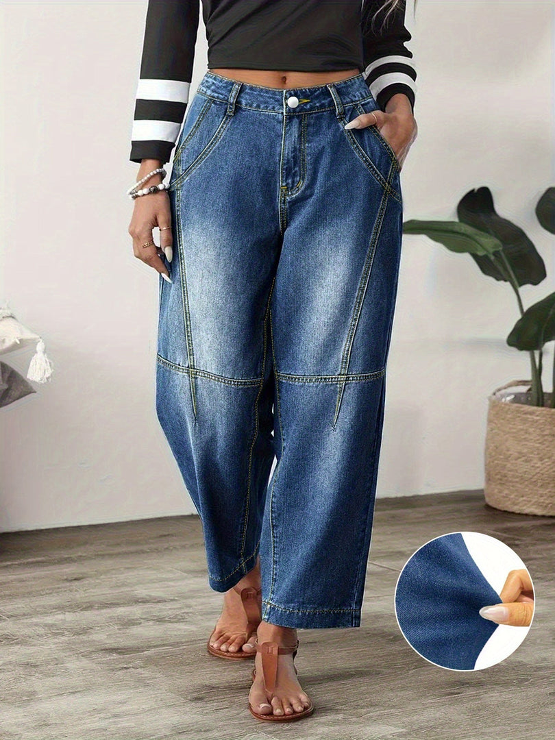 Women's Blue Relaxed Barrel Jeans High Waist Seam Detail Cropped Ankle