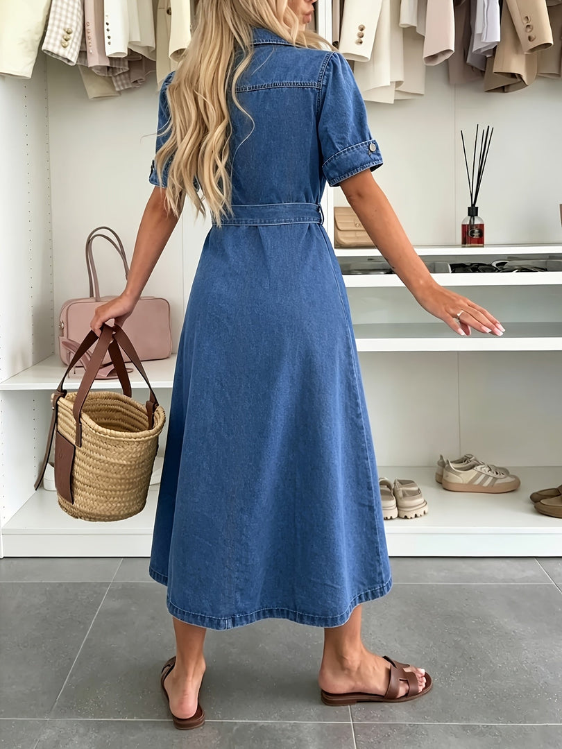 Women's Blue Denim Dress Button Front Belted Puff Sleeve