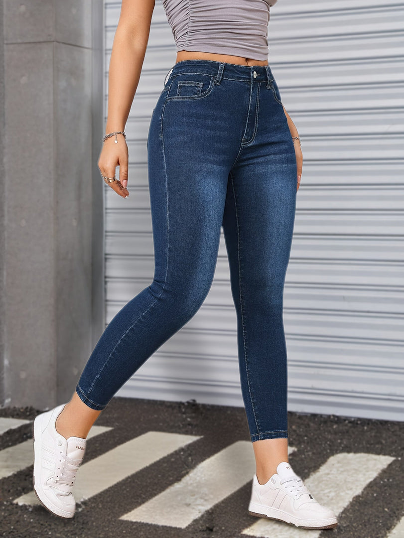 Women's Blue Relaxed Skinny Jeans High Waist Slim Fit Stretch Denim