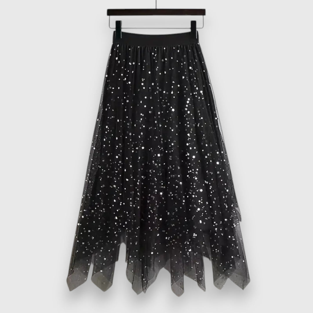 Women's Midi Skirt Elastic High Waist Sparkle Tulle Asymmetric Handkerchief Hem Casual Style