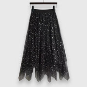 Women's Midi Skirt Elastic High Waist Sparkle Tulle Asymmetric Handkerchief Hem Casual Style