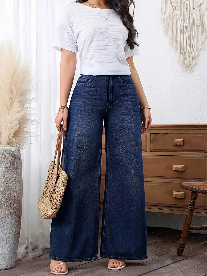 Women's Relaxed Blue Wide Leg Jeans High Waist Flowing Style