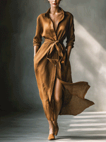 Load image into Gallery viewer, Effortless Brown Shirt Dress for Women with Collar V Neck Tie Waist Long Sleeve Linen Casual Maxi Style

