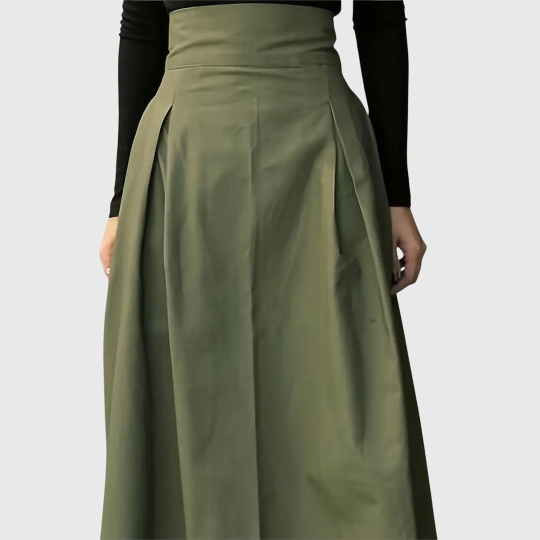Women's Green Midi Skirt High Waist a Line Pleated Wrap Front Casual Style