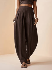Women's Coffee Brown Linen Harem Pants High Waist Pleated Tapered Ankle