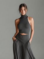 Load image into Gallery viewer, Women's Gray Maxi Dress Turtleneck Halter Cutout Waist Ruched Skirt Sleeveless Formal Style
