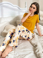 Load image into Gallery viewer, Women's Mustard Pajamas Floral Print Short Sleeve Two Piece
