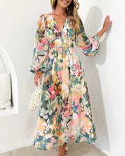 Women's Wedding Guest Dress V Neck Long Sleeve Floral Belted Midi Style