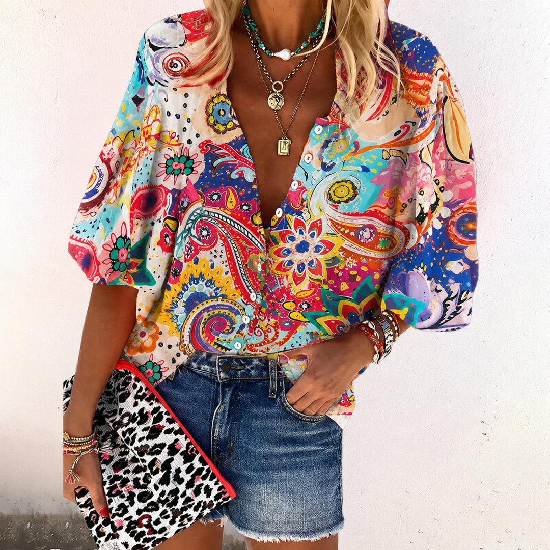 Effortless Floral Blouse for Women with V Neck Button Front Short Sleeve Casual Style