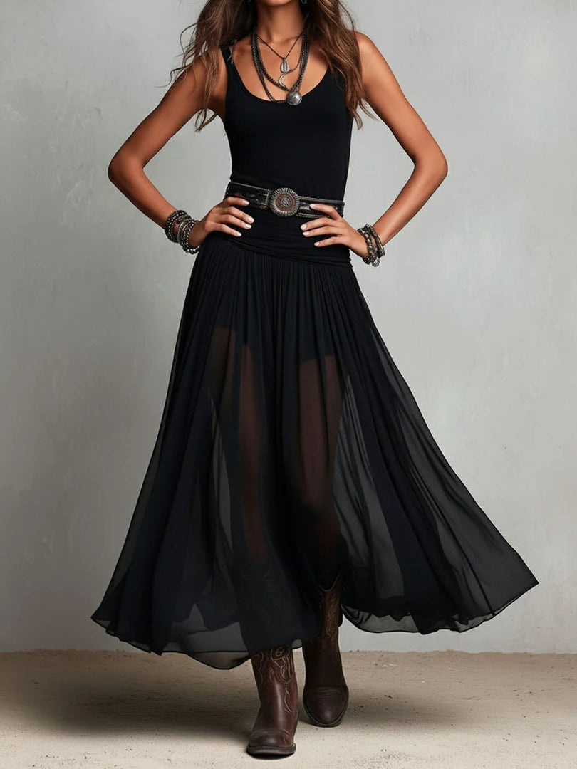 Women's Maxi Skirt High Waist Sheer Overlay Flowing Formal Style