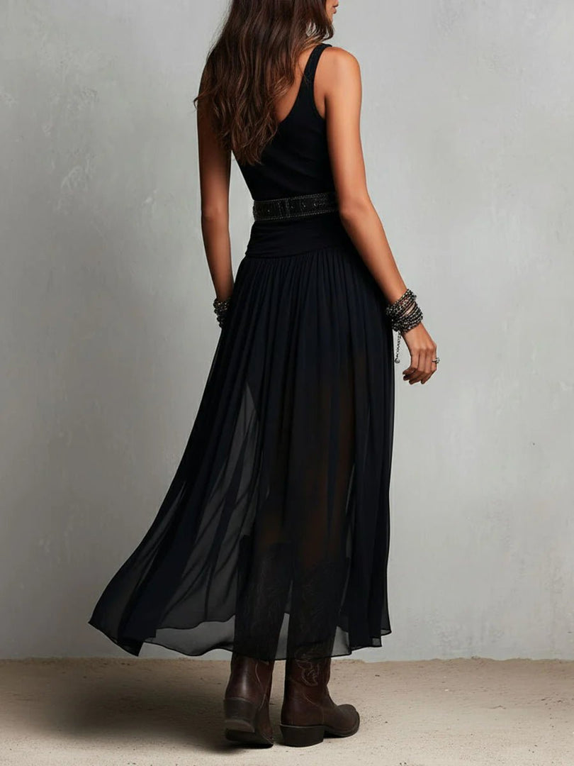 Women's Maxi Skirt High Waist Sheer Overlay Flowing Formal Style