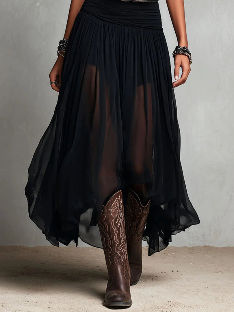 Women's Maxi Skirt High Waist Sheer Overlay Flowing Formal Style