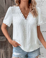 Load image into Gallery viewer, Women's Lace Trim Blouse V Neck Short Sleeve Textured Casual Style
