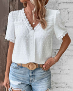 Load image into Gallery viewer, Women's Lace Trim Blouse V Neck Short Sleeve Textured Casual Style
