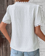 Load image into Gallery viewer, Women's Lace Trim Blouse V Neck Short Sleeve Textured Casual Style
