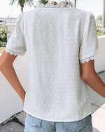 Load image into Gallery viewer, Women's Lace Trim Blouse V Neck Short Sleeve Textured Casual Style

