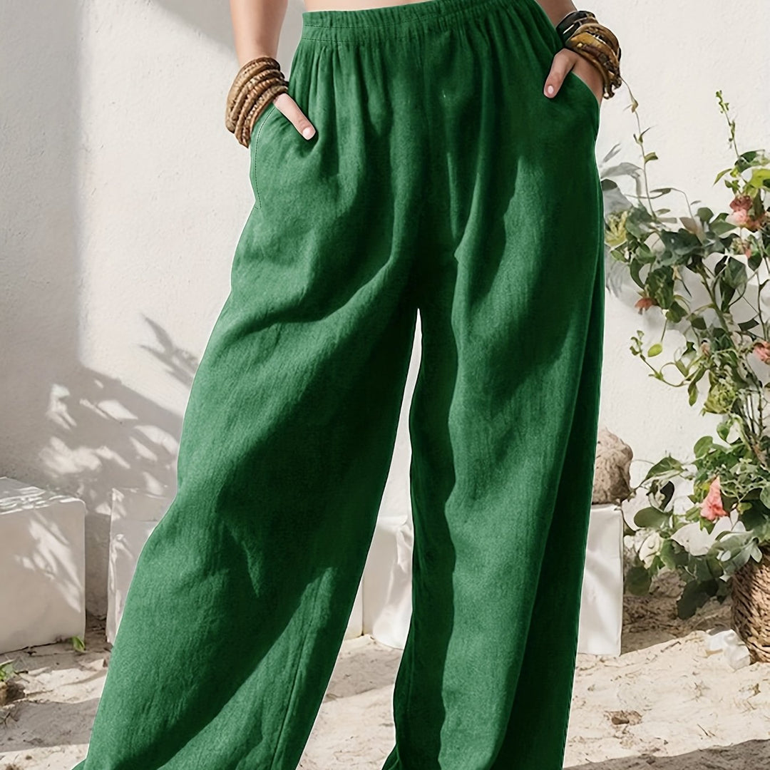 Women's Linen Wide Leg Pants High Waist Pocket Flowing Relaxed Casual Style