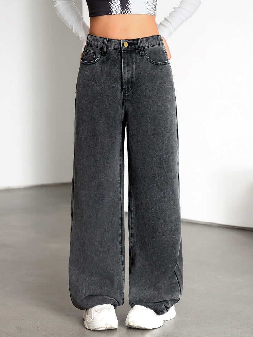 Women's Grey Wide Leg Jeans High Waist Flowing Loose Fit Denim Style