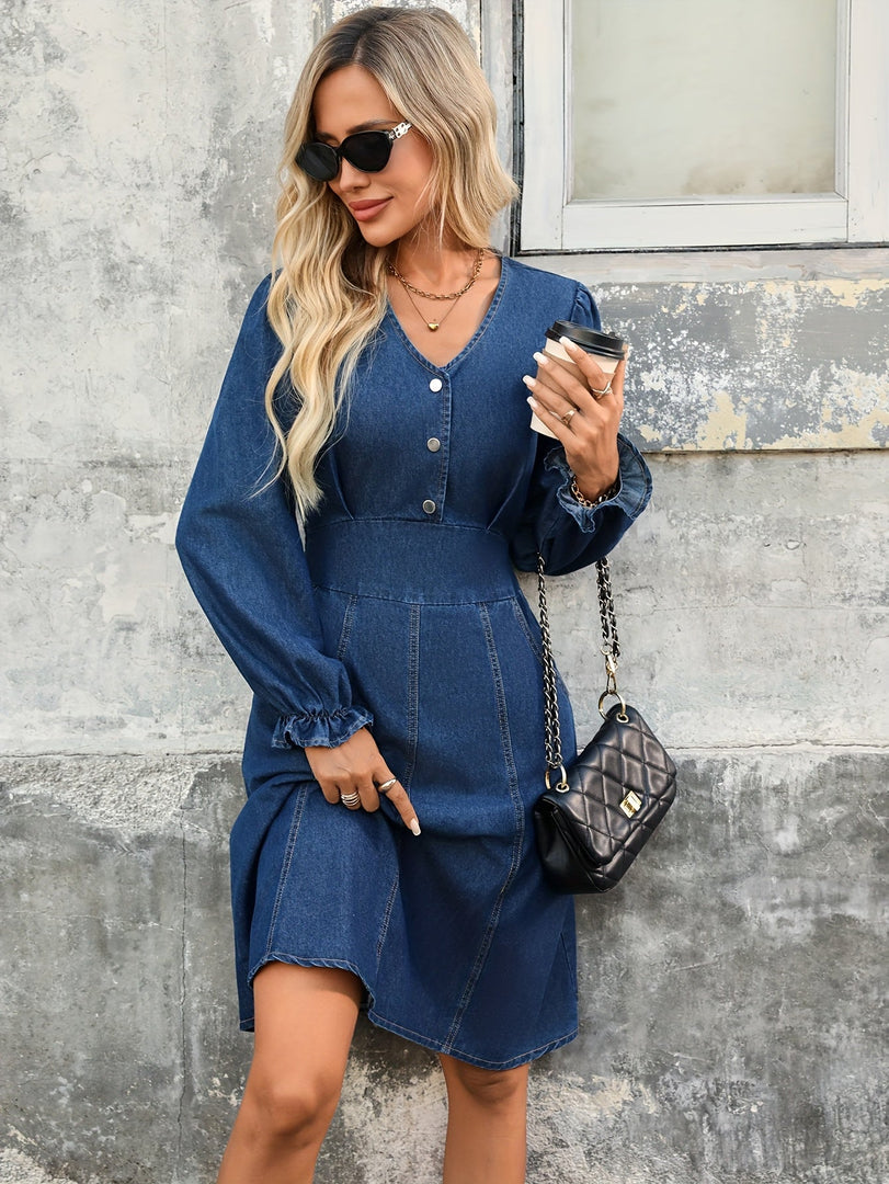 Women's Blue Denim Dress V Neck Long Sleeve a Line Midi