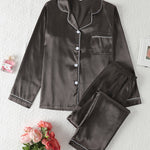 Load image into Gallery viewer, Comfortable Satin Pajamas for Women with Collar Button Front Piping Trim
