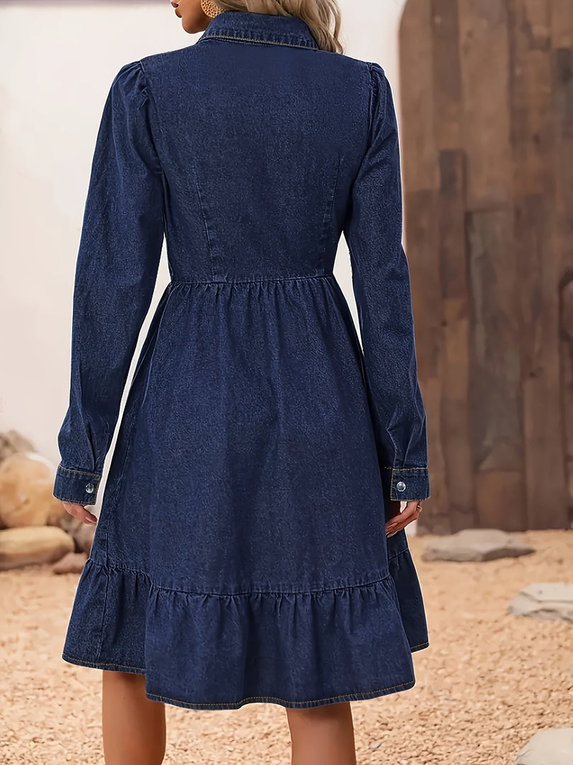Women's Blue Denim Dress Collar Elbow Sleeve Button Front Ruffle Midi Style