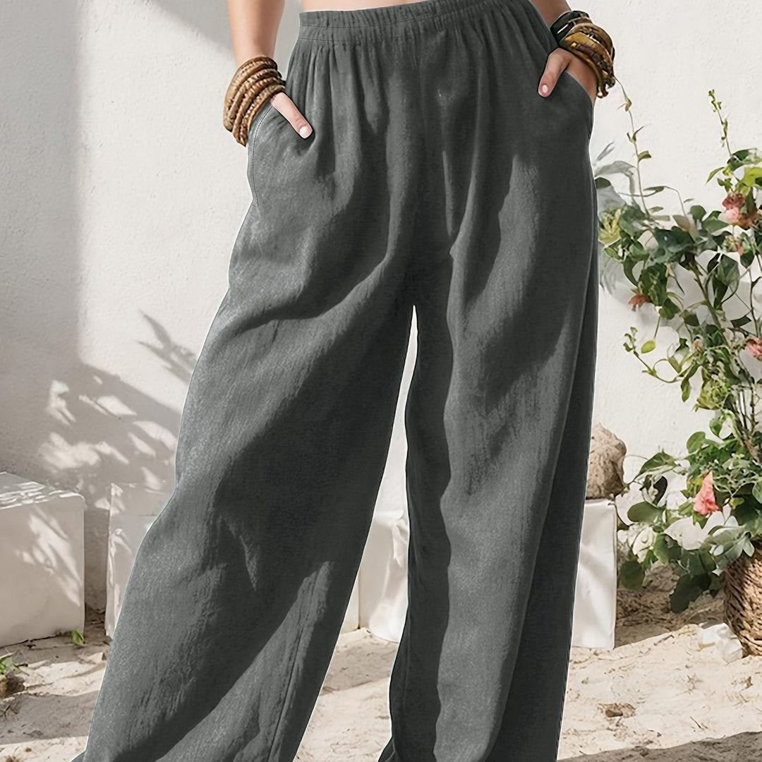Women's Linen Wide Leg Pants High Waist Pocket Flowing Relaxed Casual Style