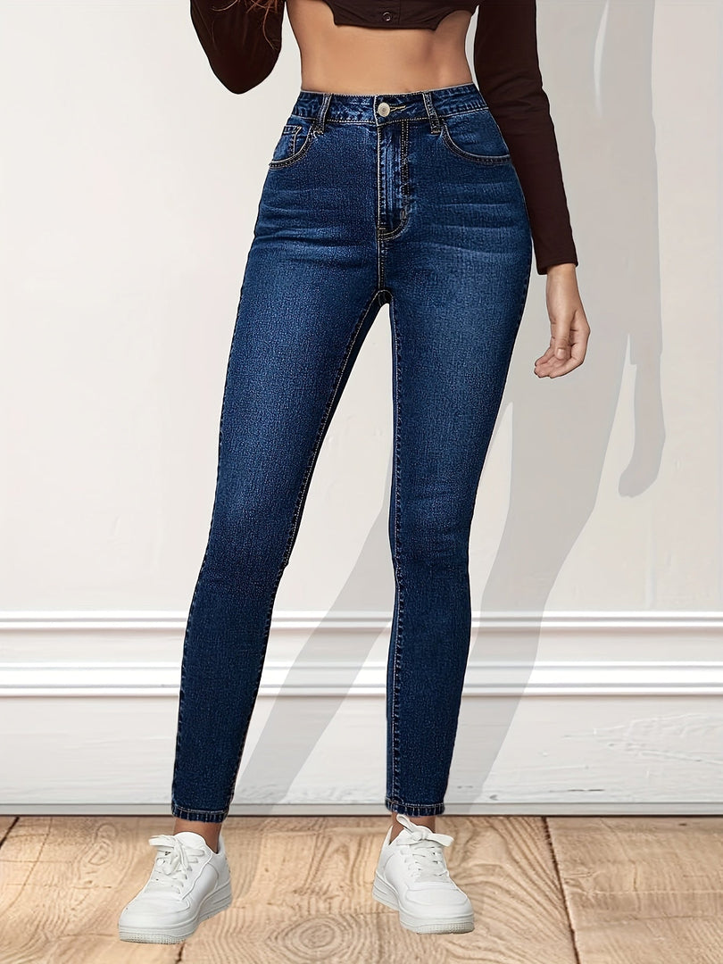 Women's Blue Relaxed Skinny Jeans High Waist Slim Fit Ankle Length