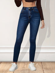 Women's Blue Relaxed Skinny Jeans High Waist Slim Fit Ankle Length