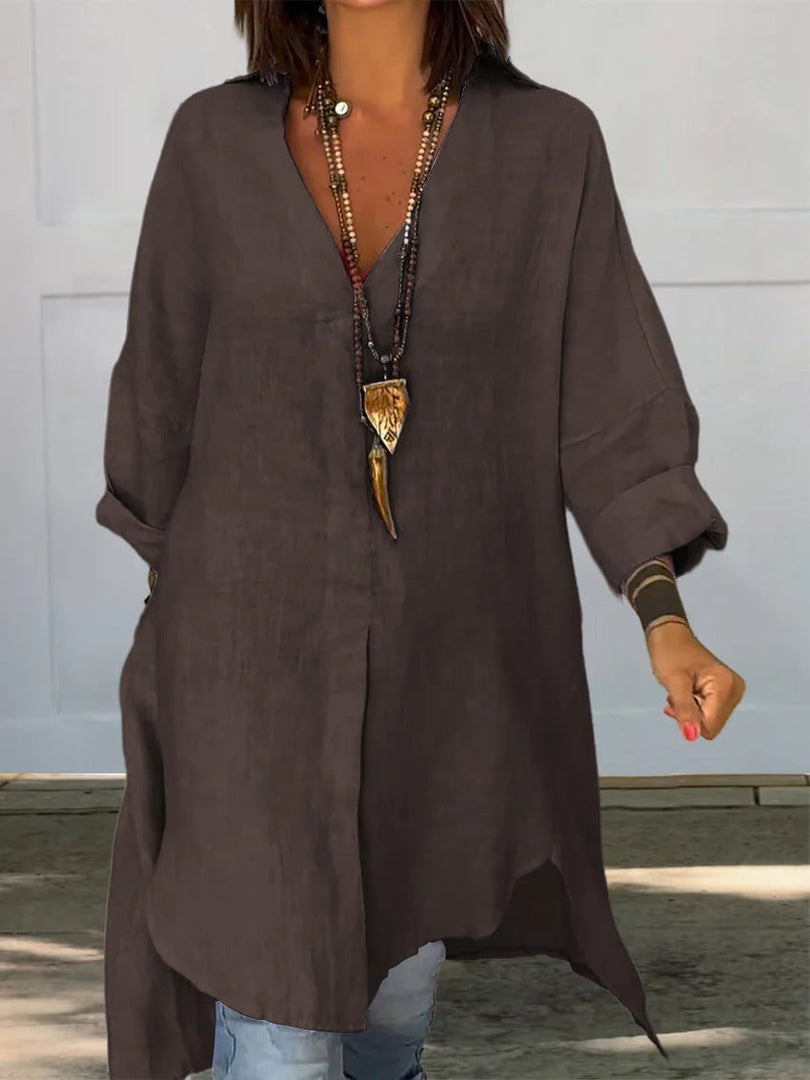 Women's Tunic Blouses V Neck Button Down Long Sleeve Relaxed Longline Style