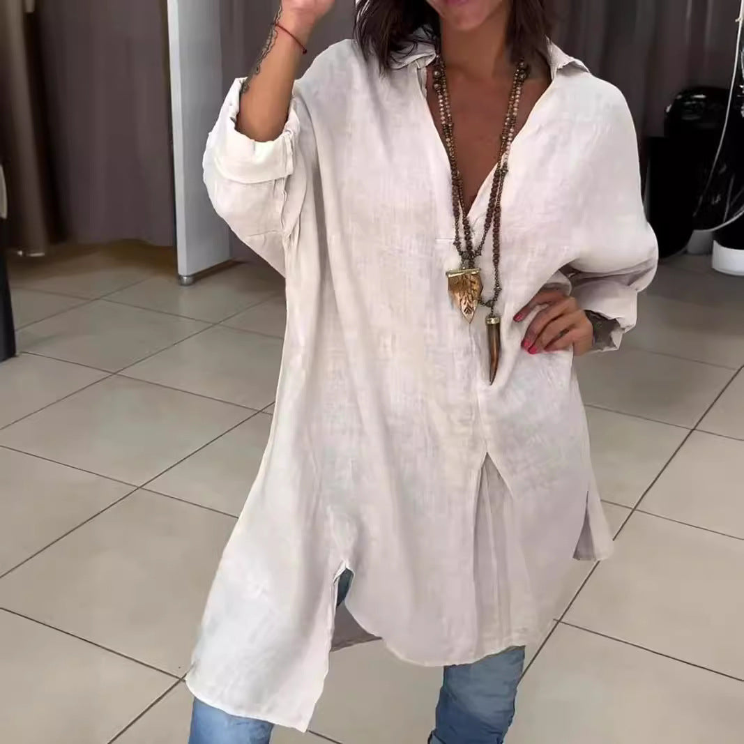Women's Tunic Blouses V Neck Button Down Long Sleeve Relaxed Longline Style
