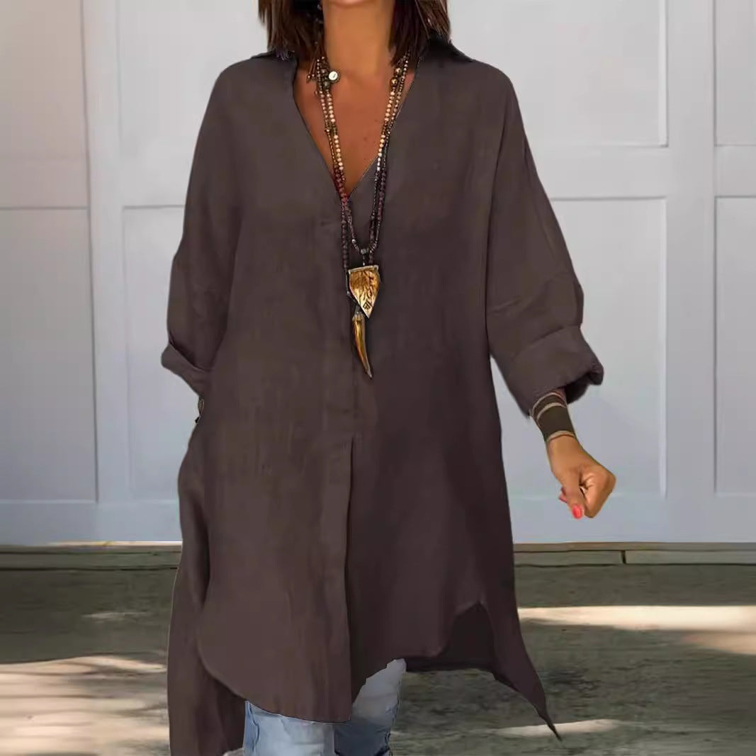 Women's Tunic Blouses V Neck Button Down Long Sleeve Relaxed Longline Style