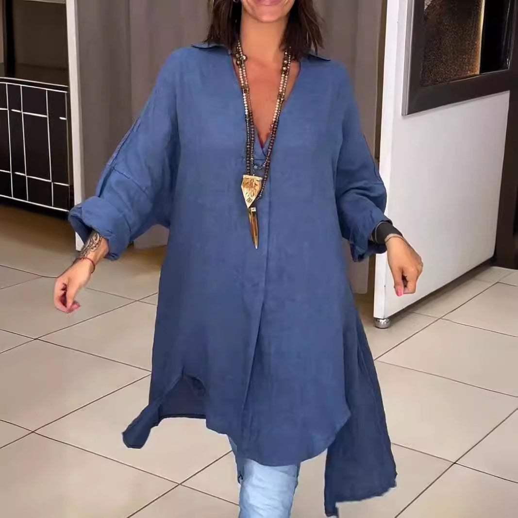 Women's Tunic Blouses V Neck Button Down Long Sleeve Relaxed Longline Style