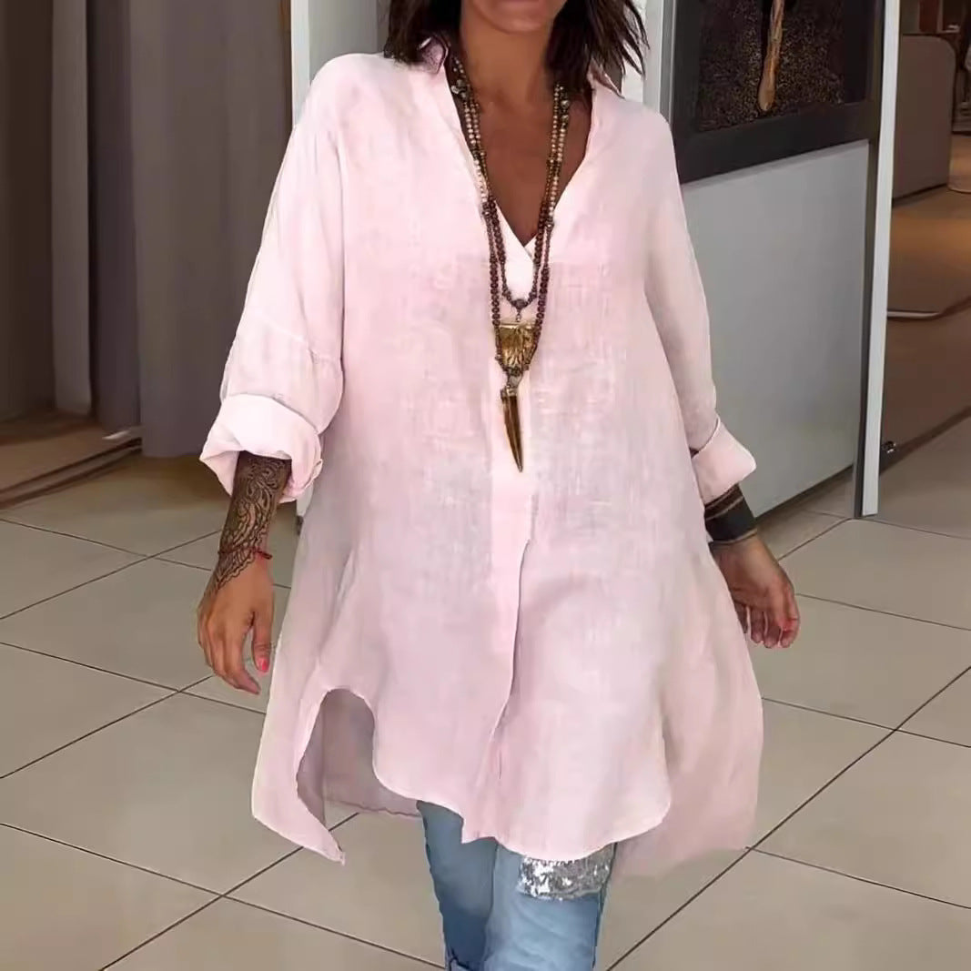 Women's Tunic Blouses V Neck Button Down Long Sleeve Relaxed Longline Style