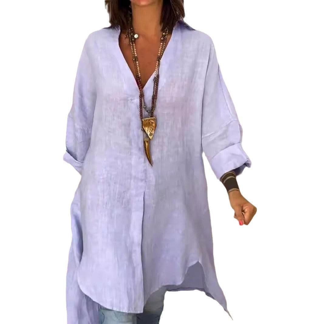 Women's Tunic Blouses V Neck Button Down Long Sleeve Relaxed Longline Style