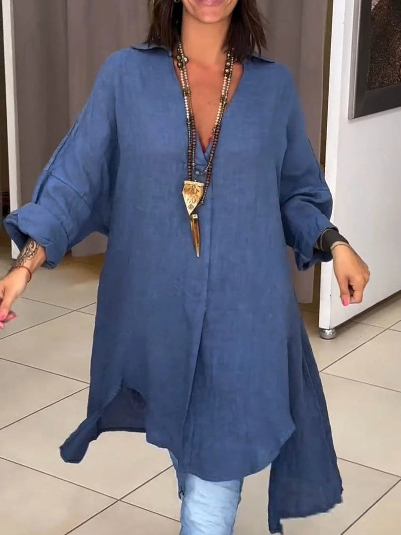 Women's Tunic Blouses V Neck Button Down Long Sleeve Relaxed Longline Style