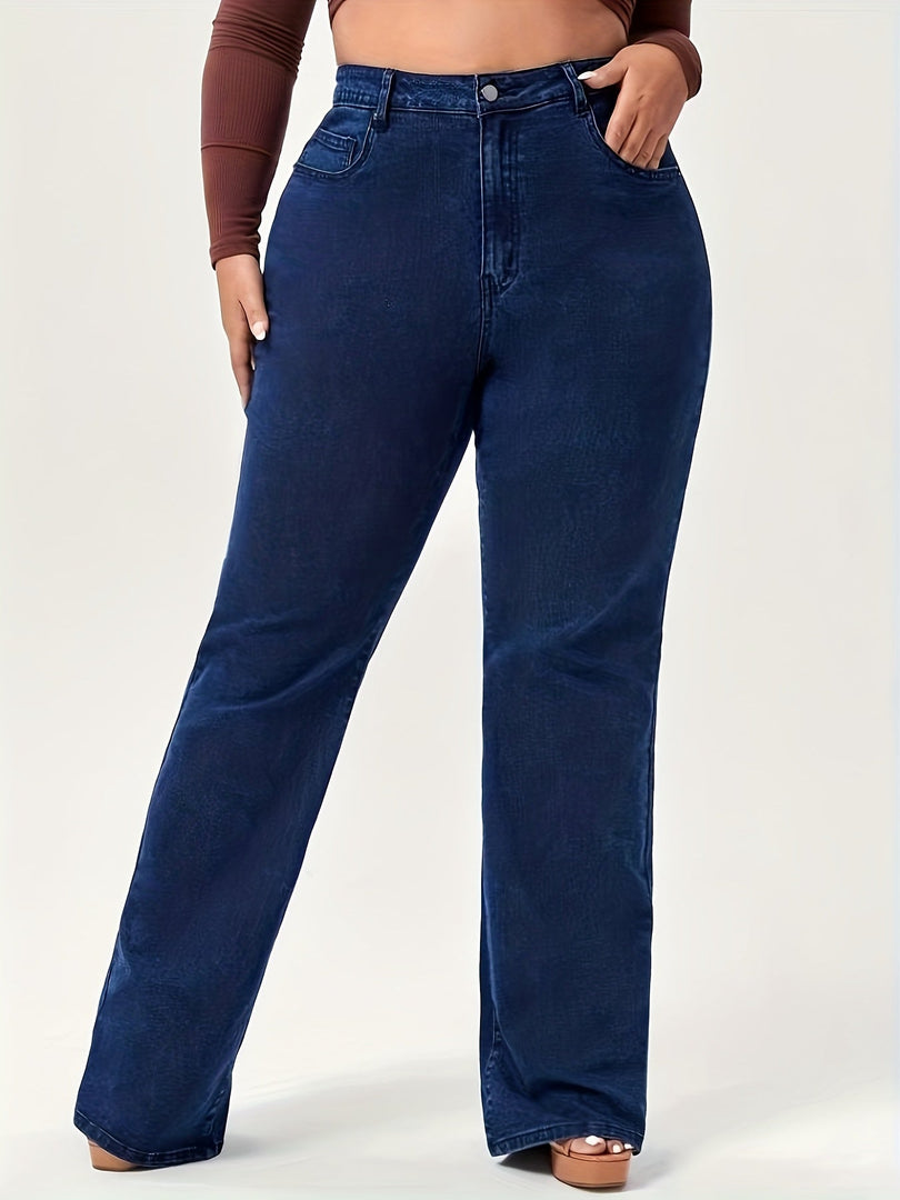 Women's Dark Blue Wide Leg Jeans High Waist Flare Flowing Denim Style